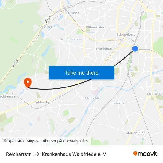 Reichartstr. to Krankenhaus Waldfriede e. V. map