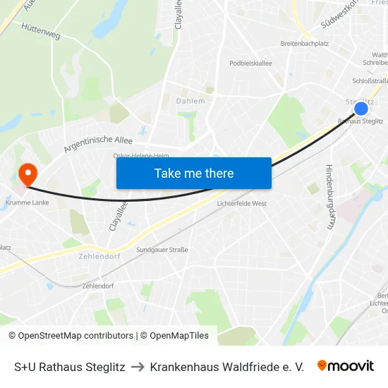 S+U Rathaus Steglitz to Krankenhaus Waldfriede e. V. map