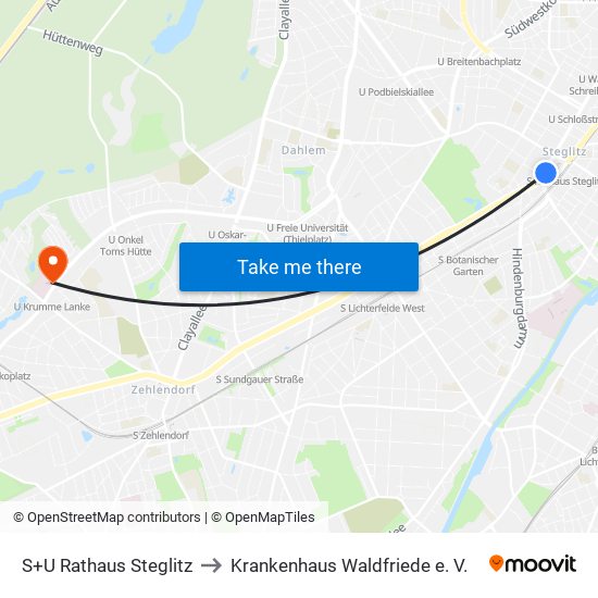 S+U Rathaus Steglitz to Krankenhaus Waldfriede e. V. map