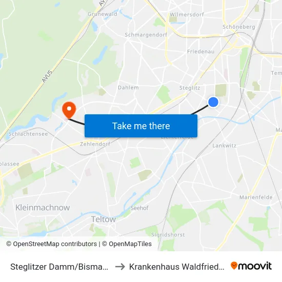 Steglitzer Damm/Bismarckstr. to Krankenhaus Waldfriede e. V. map