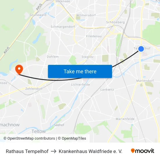 Rathaus Tempelhof to Krankenhaus Waldfriede e. V. map