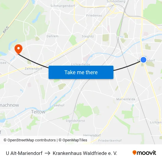 U Alt-Mariendorf to Krankenhaus Waldfriede e. V. map