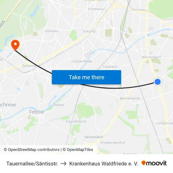 Tauernallee/Säntisstr. to Krankenhaus Waldfriede e. V. map