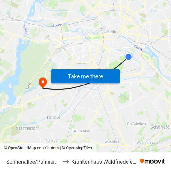 Sonnenallee/Pannierstr. to Krankenhaus Waldfriede e. V. map