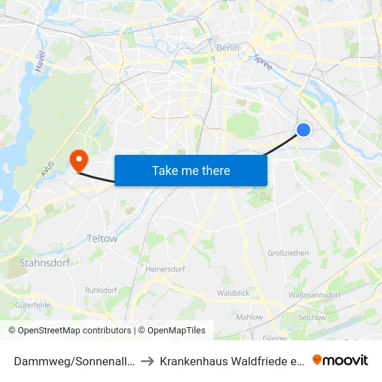 Dammweg/Sonnenallee to Krankenhaus Waldfriede e. V. map