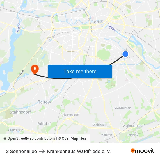 S Sonnenallee to Krankenhaus Waldfriede e. V. map