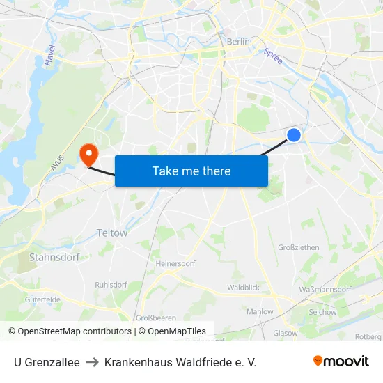 U Grenzallee to Krankenhaus Waldfriede e. V. map