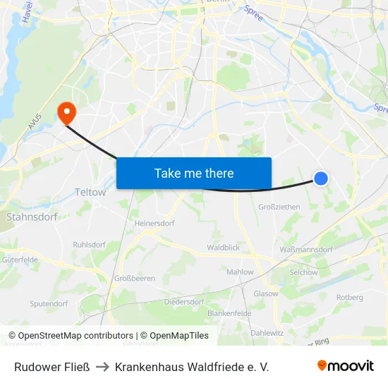 Rudower Fließ to Krankenhaus Waldfriede e. V. map