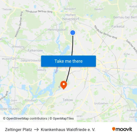 Zeltinger Platz to Krankenhaus Waldfriede e. V. map