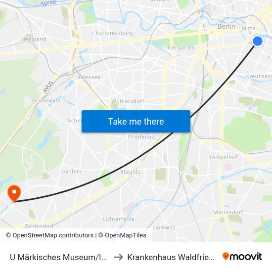 U Märkisches Museum/Inselstr. to Krankenhaus Waldfriede e. V. map