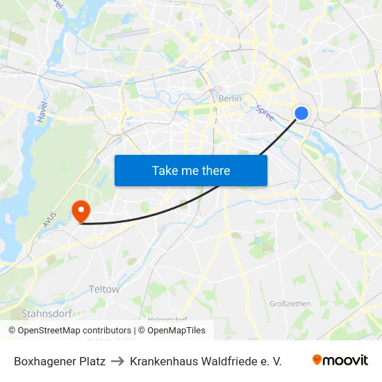 Boxhagener Platz to Krankenhaus Waldfriede e. V. map