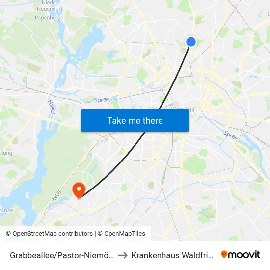 Grabbeallee/Pastor-Niemöller-Platz to Krankenhaus Waldfriede e. V. map