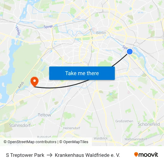 S Treptower Park to Krankenhaus Waldfriede e. V. map
