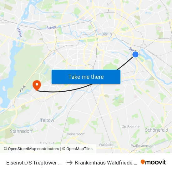 Elsenstr./S Treptower Park to Krankenhaus Waldfriede e. V. map