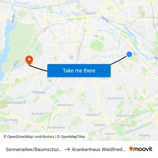 Sonnenallee/Baumschulenstr. to Krankenhaus Waldfriede e. V. map