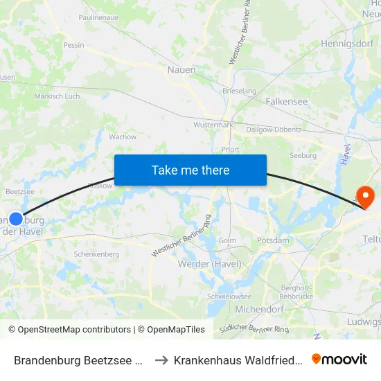 Brandenburg Beetzsee Center to Krankenhaus Waldfriede e. V. map