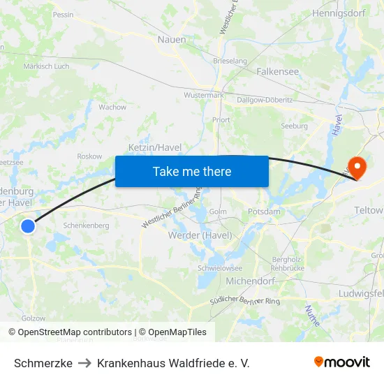 Schmerzke to Krankenhaus Waldfriede e. V. map
