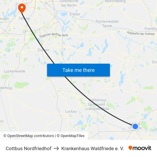 Cottbus Nordfriedhof to Krankenhaus Waldfriede e. V. map