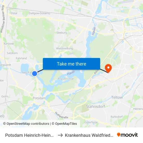 Potsdam Heinrich-Heine-Weg to Krankenhaus Waldfriede e. V. map