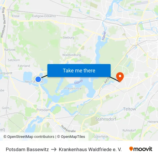 Potsdam Bassewitz to Krankenhaus Waldfriede e. V. map
