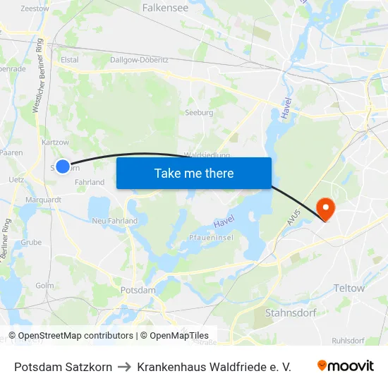 Potsdam Satzkorn to Krankenhaus Waldfriede e. V. map