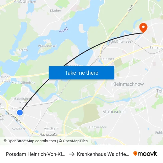 Potsdam Heinrich-Von-Kleist-Str. to Krankenhaus Waldfriede e. V. map