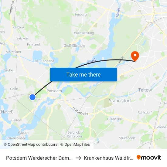 Potsdam Werderscher Damm/Forststr. to Krankenhaus Waldfriede e. V. map