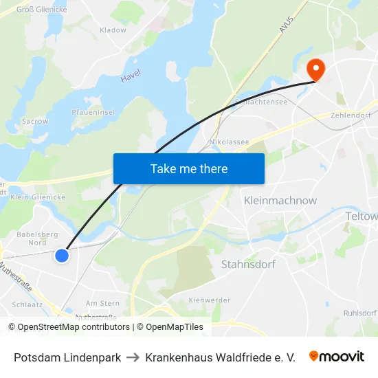 Potsdam Lindenpark to Krankenhaus Waldfriede e. V. map