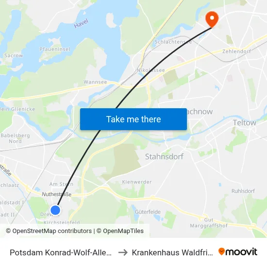 Potsdam Konrad-Wolf-Allee/Sternstr. to Krankenhaus Waldfriede e. V. map
