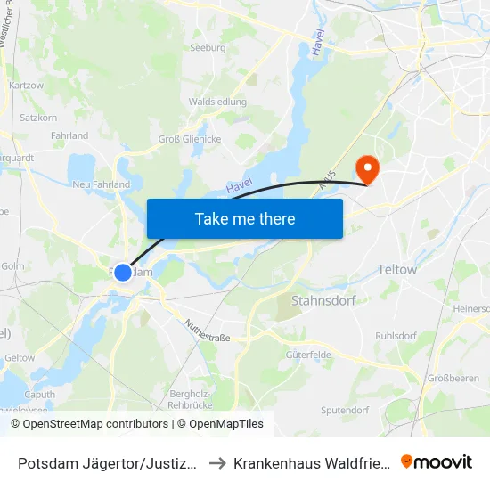 Potsdam Jägertor/Justizzentrum to Krankenhaus Waldfriede e. V. map