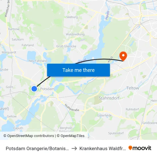 Potsdam Orangerie/Botanischer Garten to Krankenhaus Waldfriede e. V. map