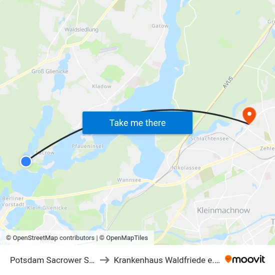 Potsdam Sacrower See to Krankenhaus Waldfriede e. V. map