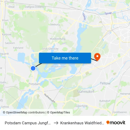 Potsdam Campus Jungfernsee to Krankenhaus Waldfriede e. V. map