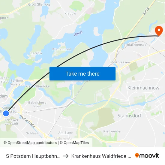 S Potsdam Hauptbahnhof to Krankenhaus Waldfriede e. V. map
