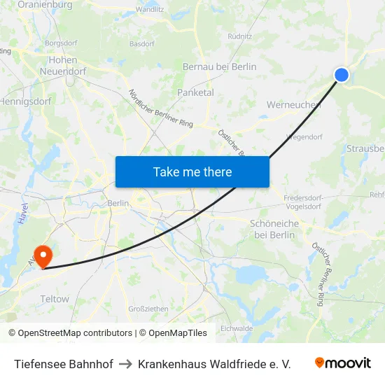 Tiefensee Bahnhof to Krankenhaus Waldfriede e. V. map