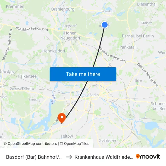 Basdorf (Bar) Bahnhof/B109 to Krankenhaus Waldfriede e. V. map