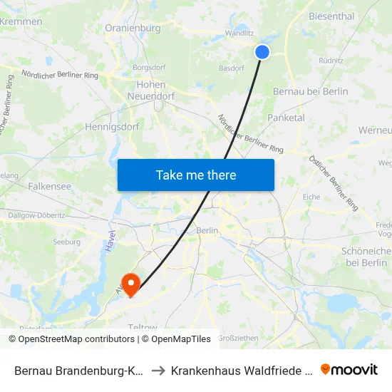 Bernau Brandenburg-Klinik to Krankenhaus Waldfriede e. V. map