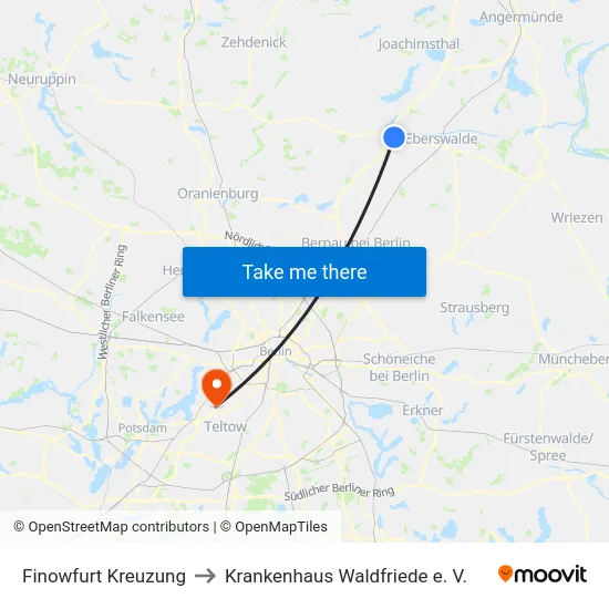 Finowfurt Kreuzung to Krankenhaus Waldfriede e. V. map