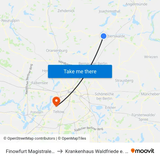 Finowfurt Magistrale 1 to Krankenhaus Waldfriede e. V. map