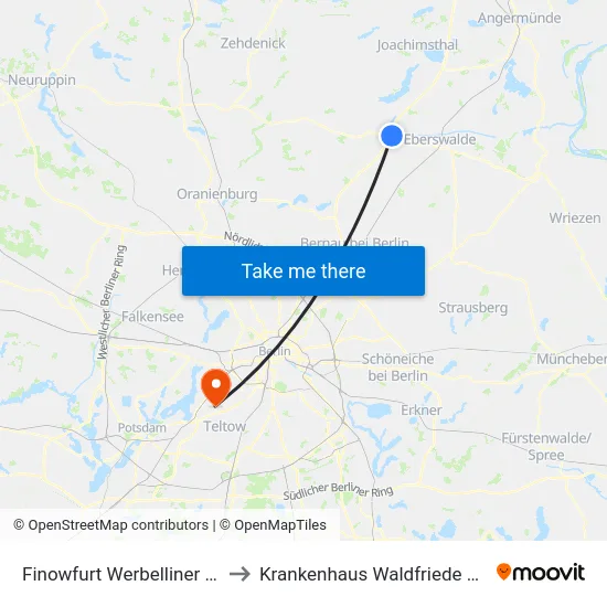 Finowfurt Werbelliner Str. to Krankenhaus Waldfriede e. V. map
