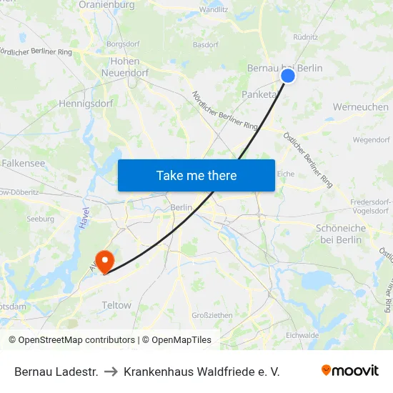 Bernau Ladestr. to Krankenhaus Waldfriede e. V. map
