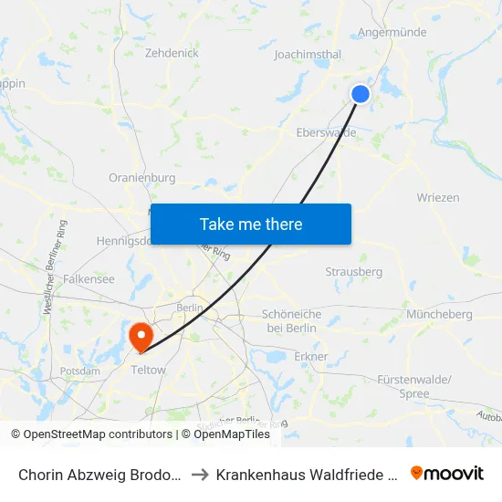 Chorin Abzweig Brodowin to Krankenhaus Waldfriede e. V. map