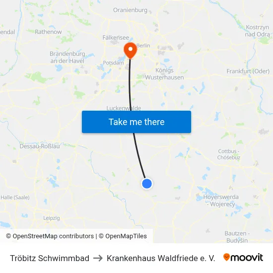 Tröbitz Schwimmbad to Krankenhaus Waldfriede e. V. map