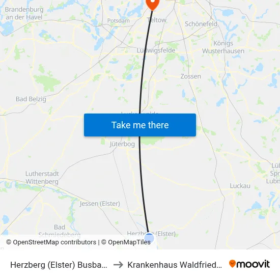 Herzberg (Elster) Busbahnhof to Krankenhaus Waldfriede e. V. map