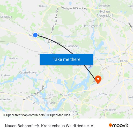 Nauen Bahnhof to Krankenhaus Waldfriede e. V. map