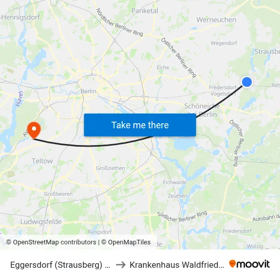 Eggersdorf (Strausberg) Kirche to Krankenhaus Waldfriede e. V. map