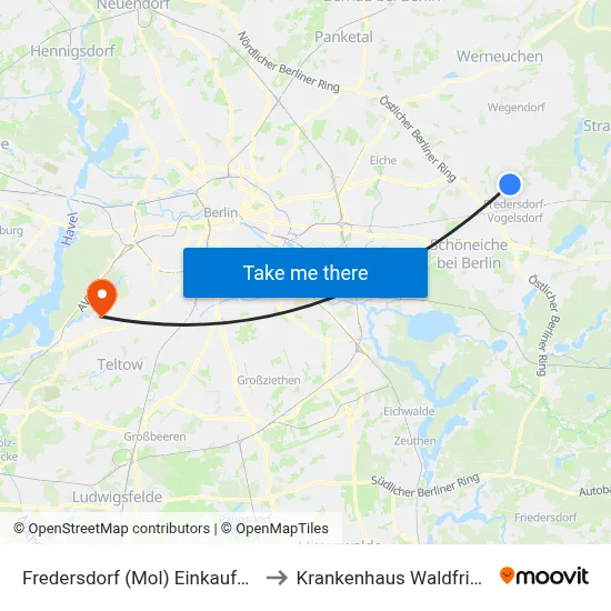 Fredersdorf (Mol) Einkaufszentrum to Krankenhaus Waldfriede e. V. map