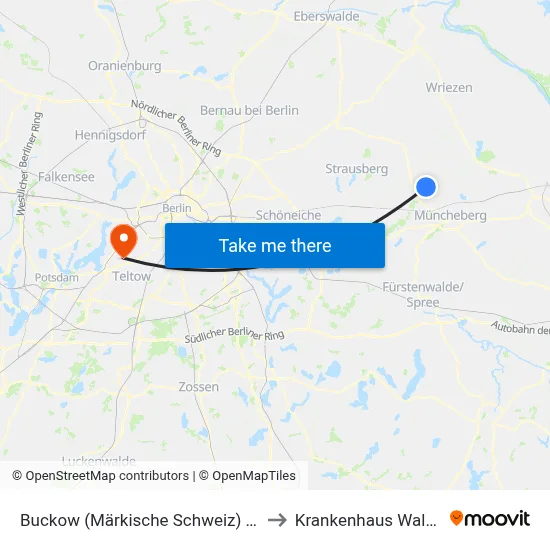 Buckow (Märkische Schweiz) Neue Promenade to Krankenhaus Waldfriede e. V. map