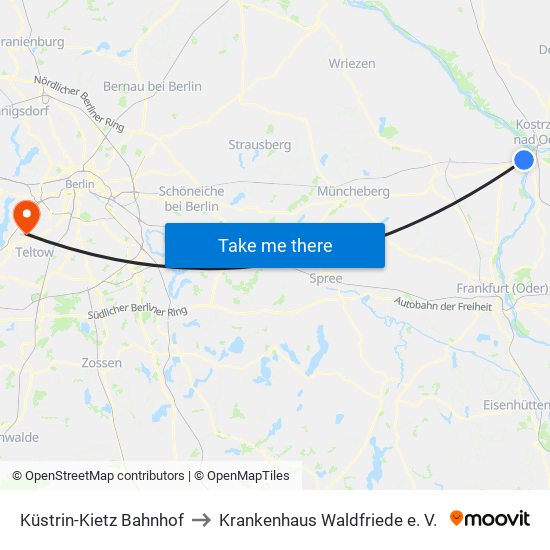 Küstrin-Kietz Bahnhof to Krankenhaus Waldfriede e. V. map