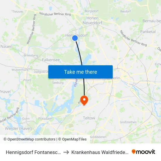 Hennigsdorf Fontaneschule to Krankenhaus Waldfriede e. V. map